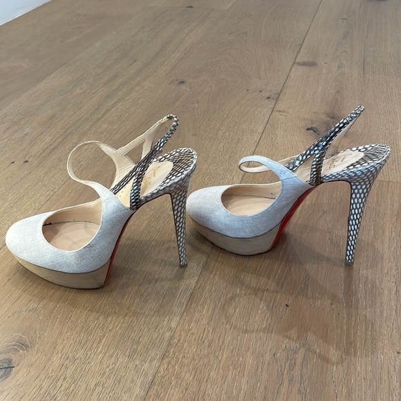 Christian Louboutin Fine Bretelle 140 Naturalle Rocco’s Snakeskin Canvas Heels - Picture 4 of 8